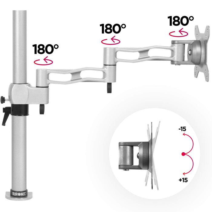 Duronic Monitor Arm Single Silver featuring three distinct 180 degree swivel joints and tilt functionality.