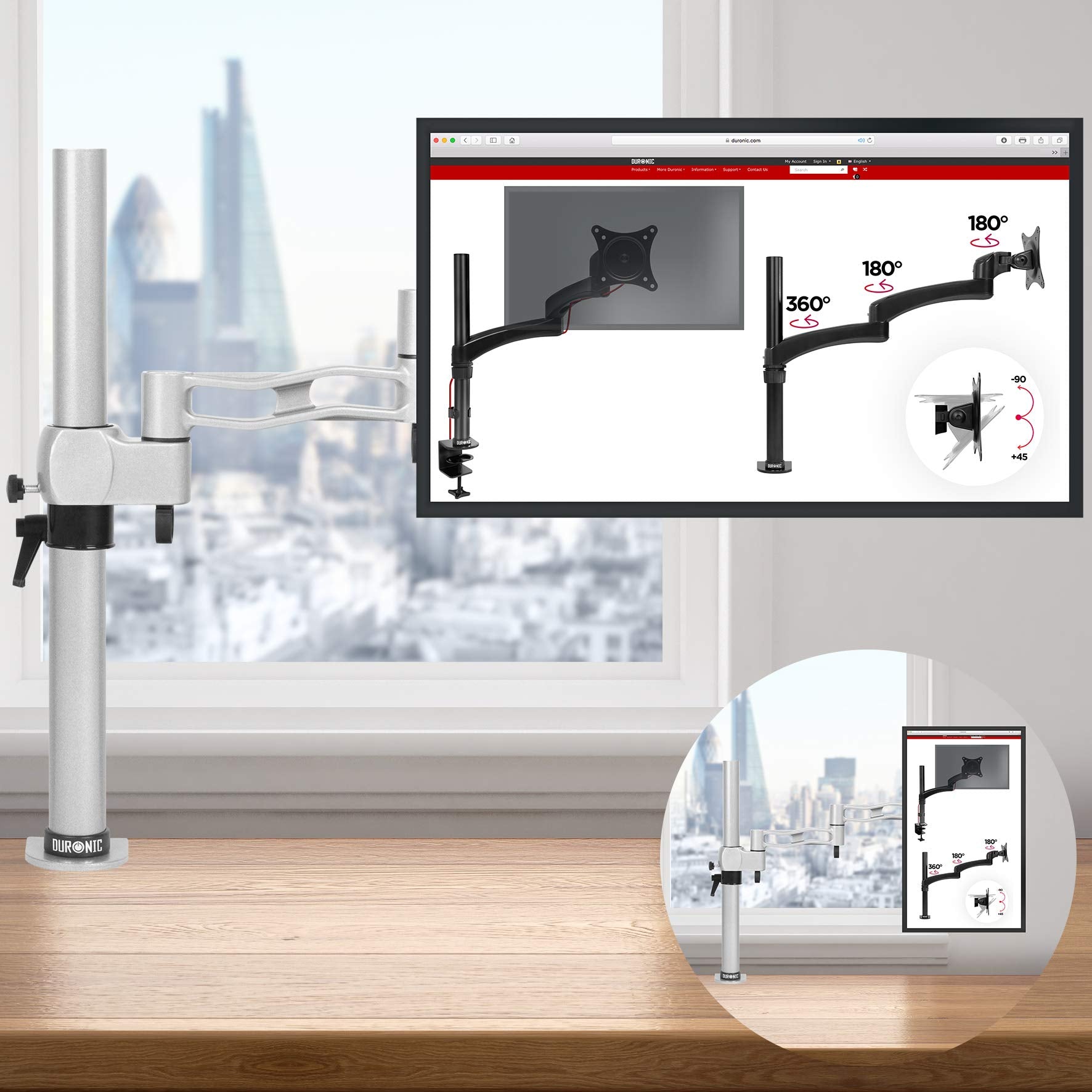 Duronic Monitor Arm Single Silver holding a display showing adjustment angles and technical specifications.