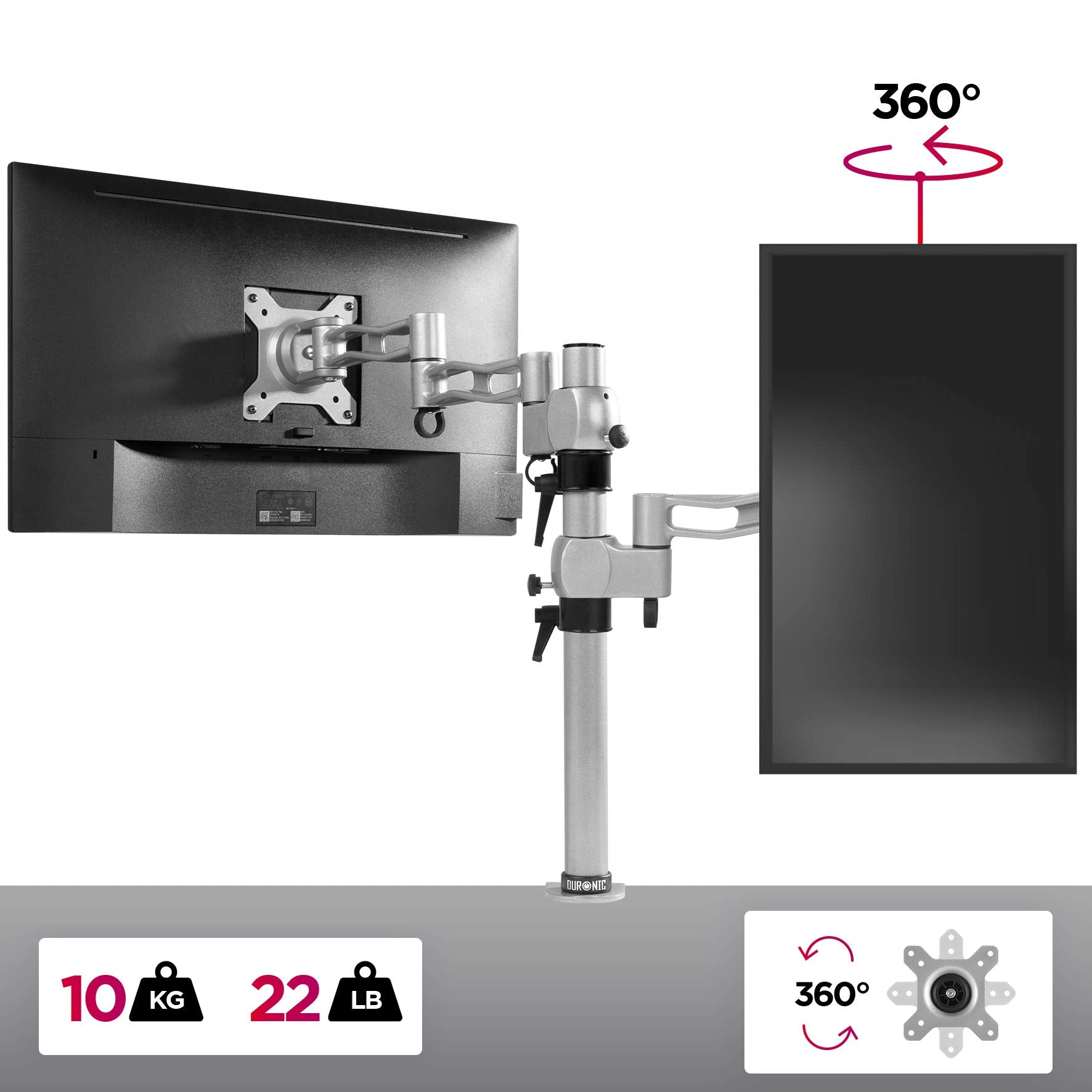 Duronic Monitor Arm Single Silver holding landscape and portrait screens with 360 degree rotation capability