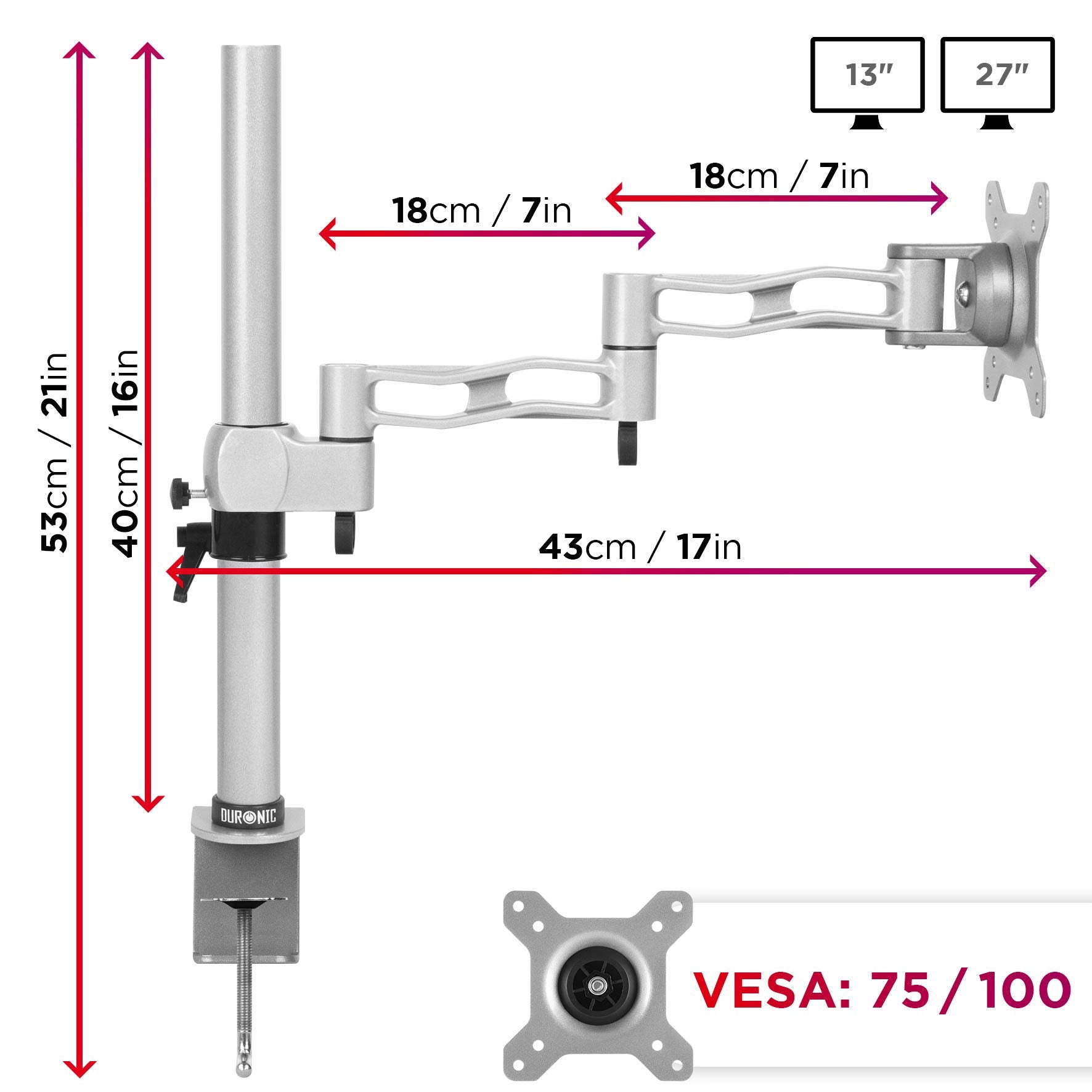 Duronic Monitor Arm Single Silver showing full dimensions, screen sizes, and VESA compatibility.