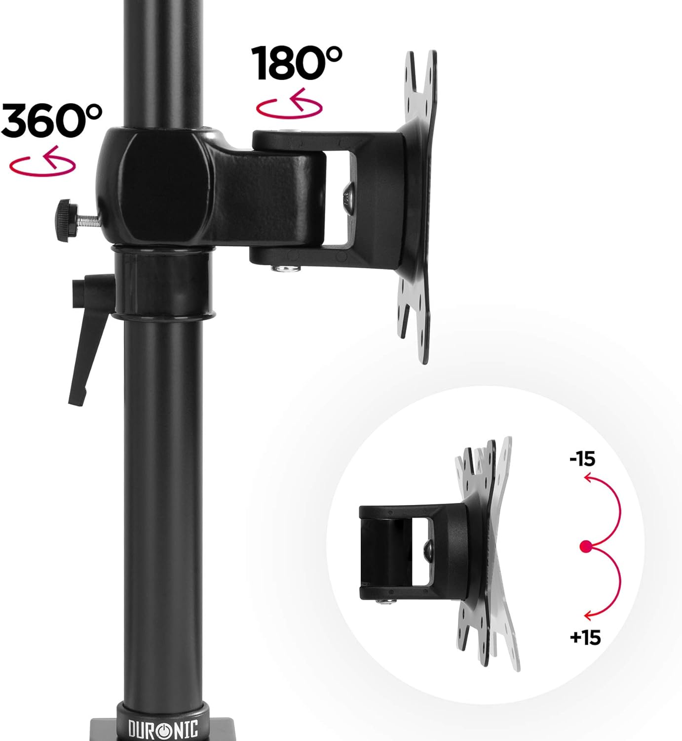 Duronic Monitor Arm Single featuring 360-degree rotation, 180-degree swivel, and 15-degree tilt capability.