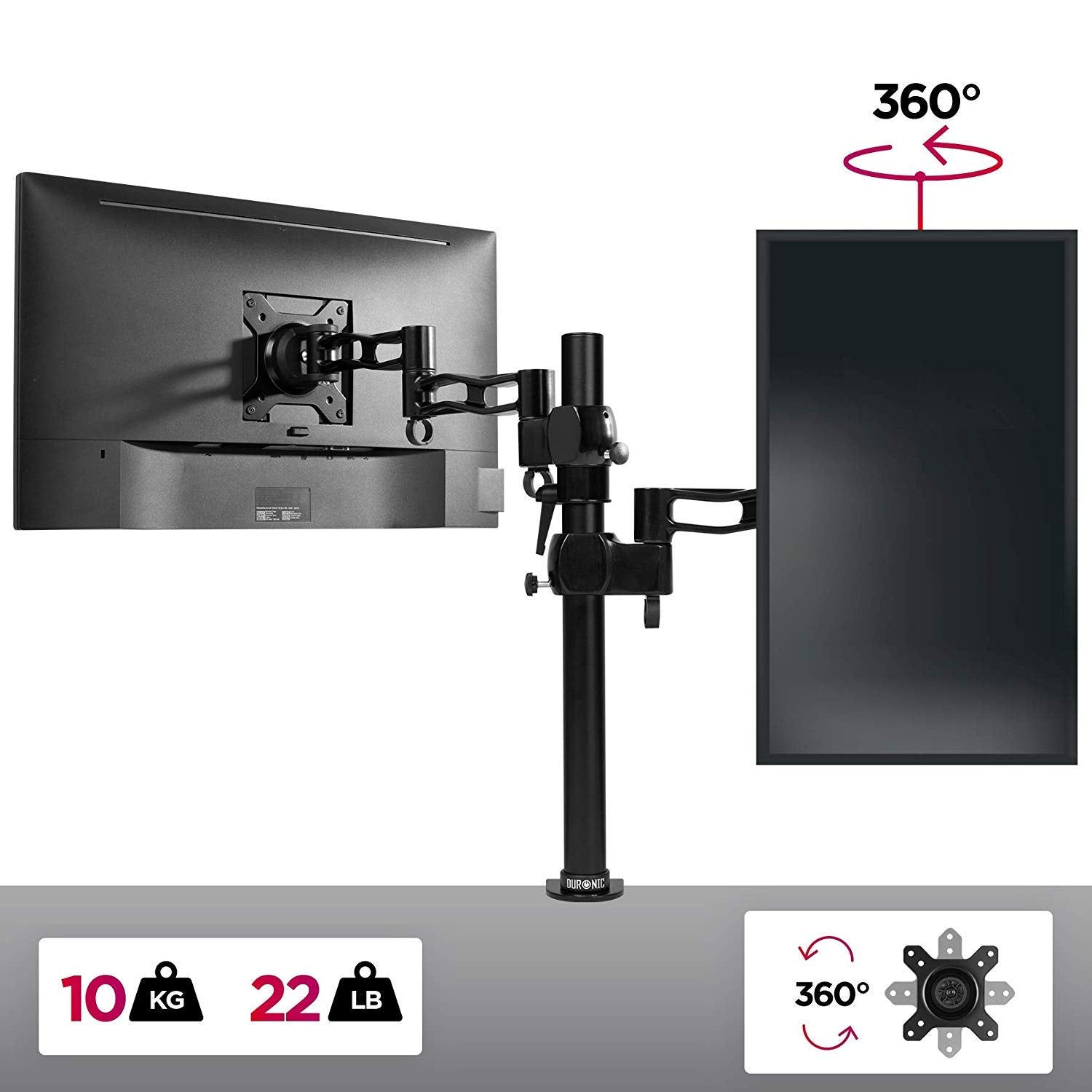 Duronic Monitor Arm Single featuring 360-degree rotation and a 10kg weight capacity.