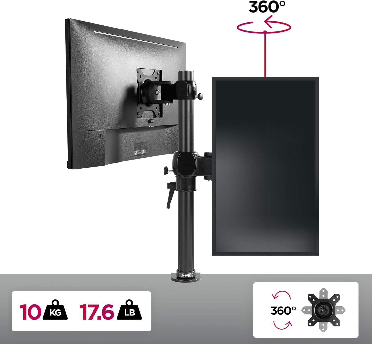 Duronic Monitor Arm Single holding one horizontal and one vertical screen, with 360-degree rotation features.