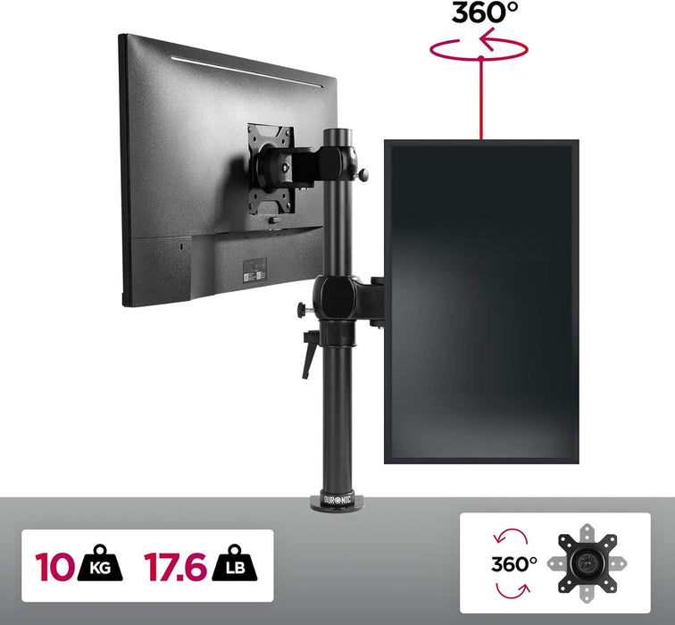 Duronic Monitor Arm Single holding one horizontal and one vertical screen, with 360-degree rotation features.