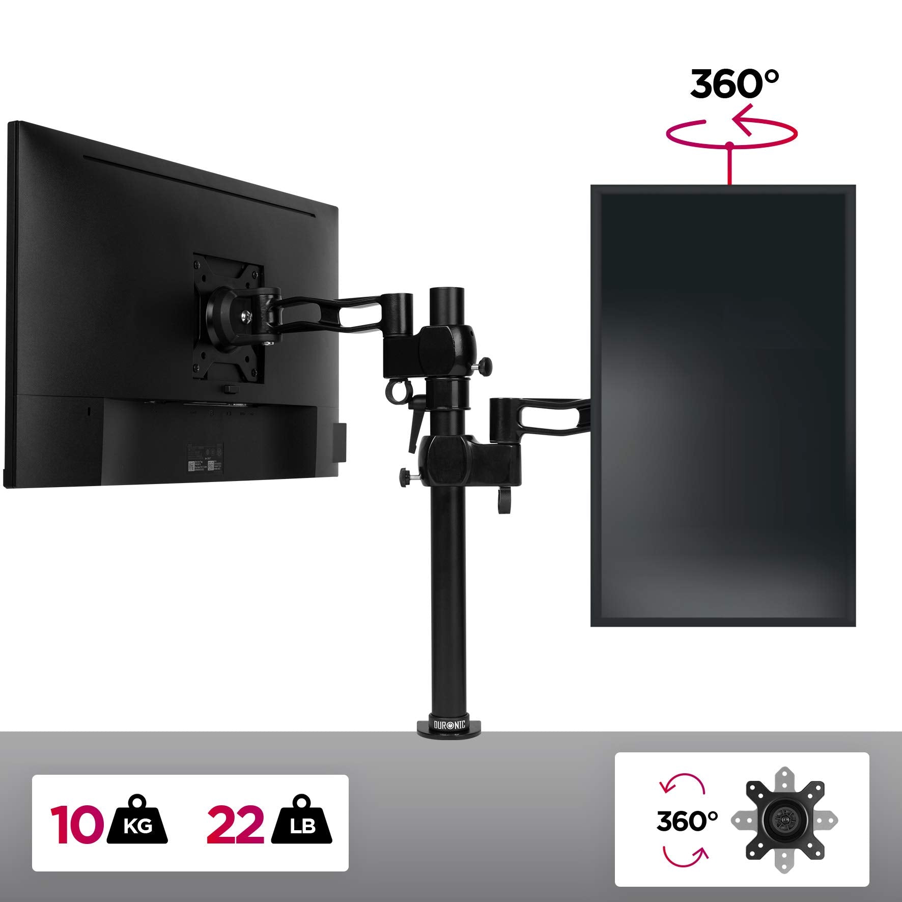 Duronic Monitor Arm Single holding two screens with 360 rotation and 22 lbs weight capacity.