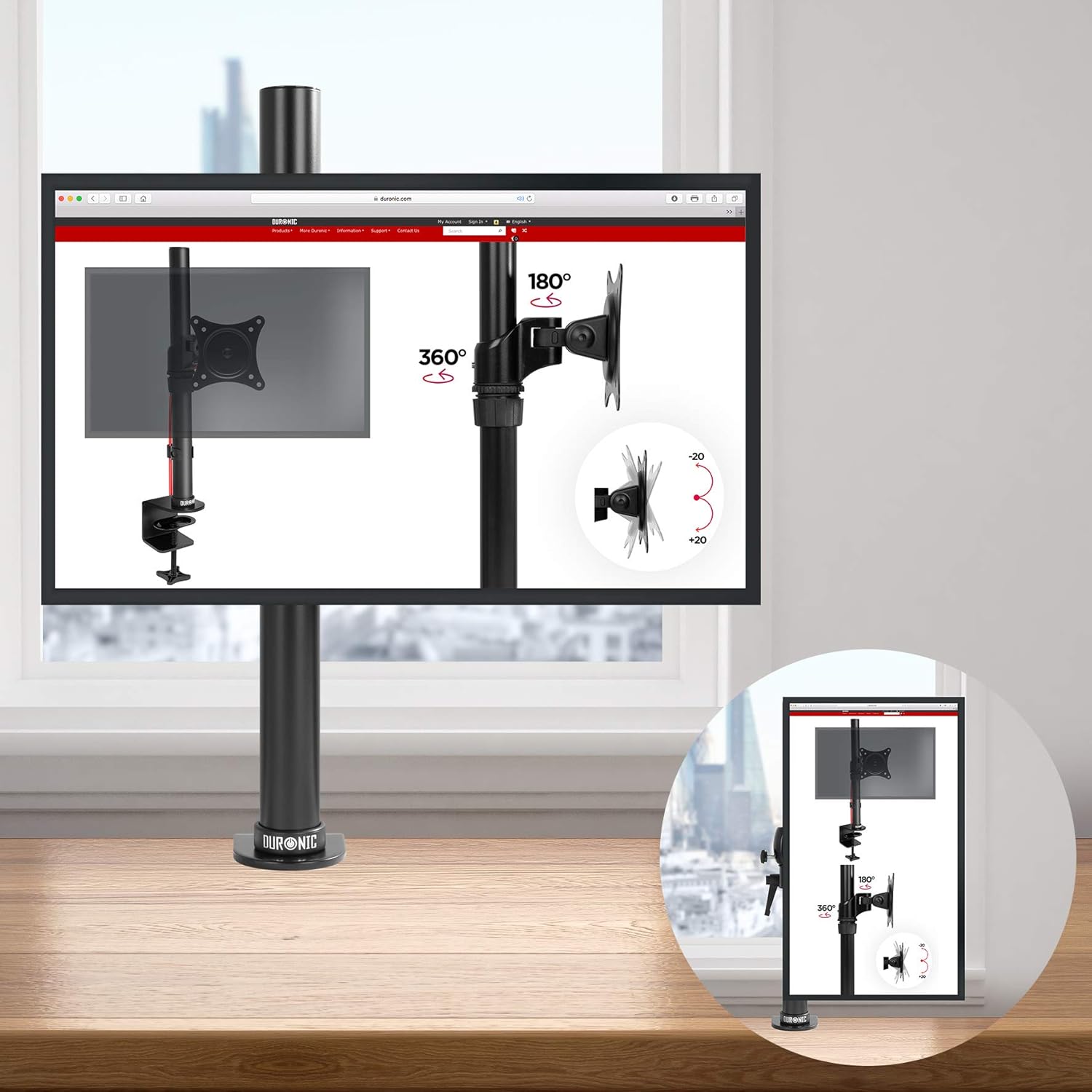 Duronic Monitor Arm Single mount stand with tilt, swivel, and full rotation product features.