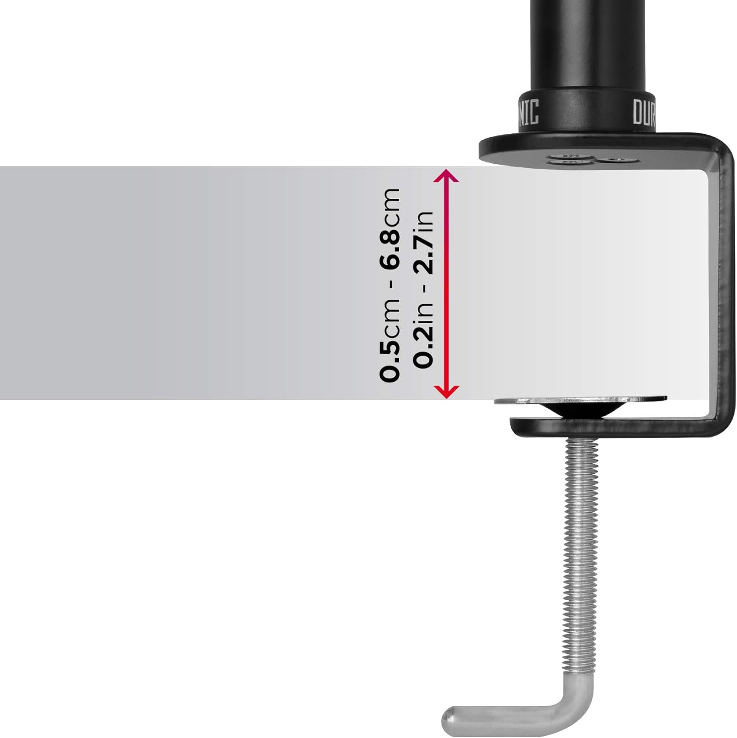 Duronic Monitor Arm Single showing adjustable thickness range from 0.5cm to 6.8cm.