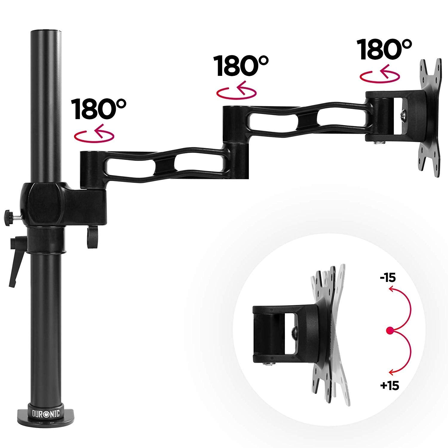 Duronic Monitor Arm Single showing three 180-degree swivel joints and vertical tilt range.