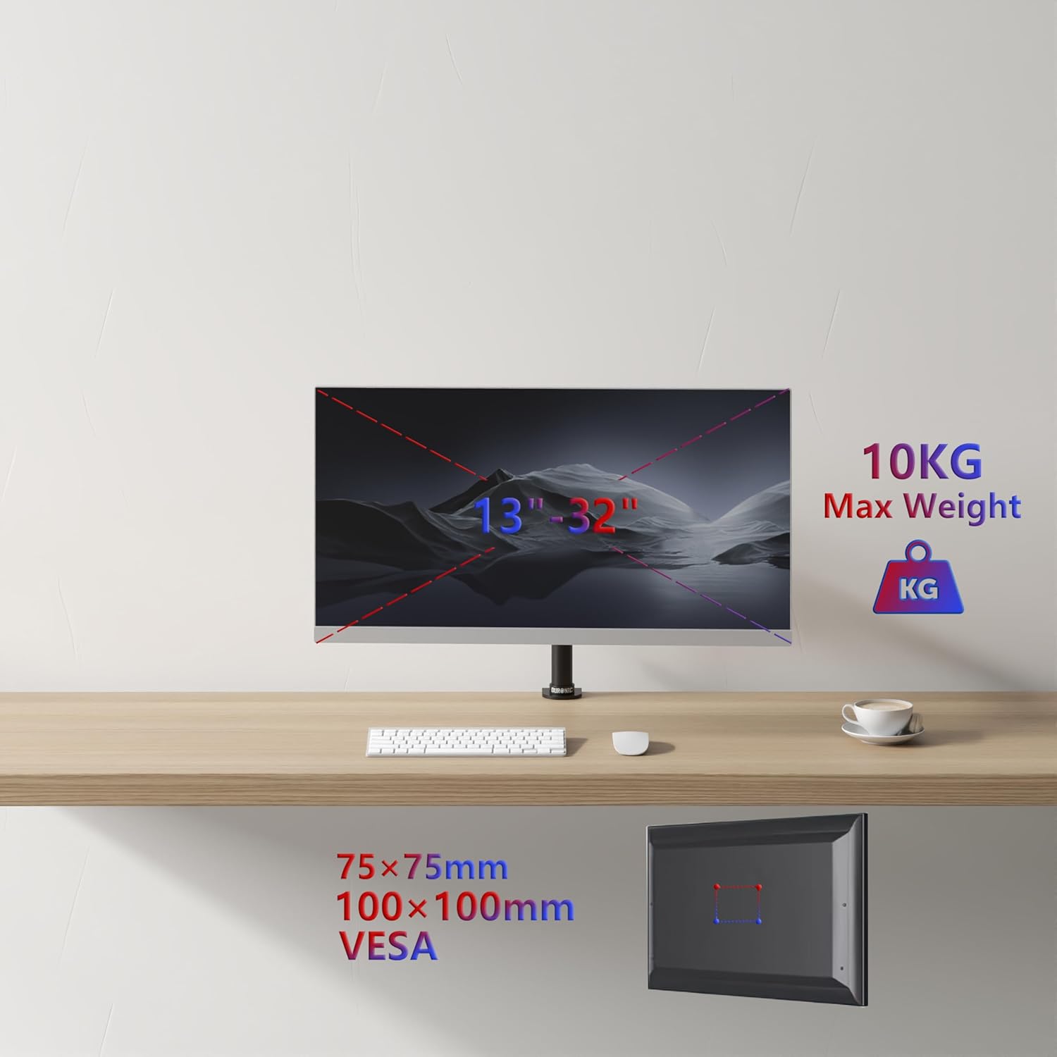 Duronic Monitor Arm Single supporting 13 to 32 inch screens, 10kg weight capacity, and VESA compatibility.