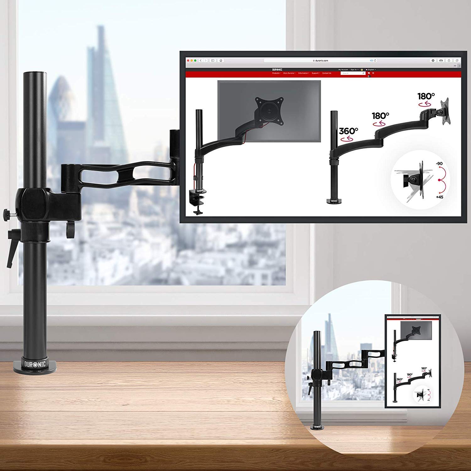 Duronic Monitor Arm Single with diagrams showing rotation angles near a window.