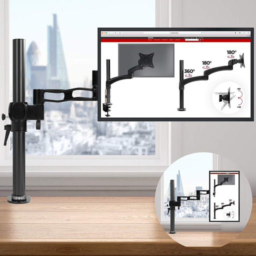 Duronic Monitor Arm Single with diagrams showing rotation angles near a window.