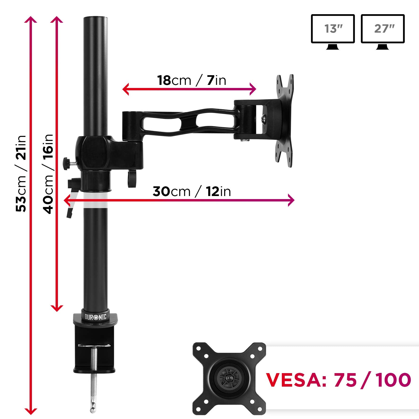 Duronic Monitor Arm Single with dimensions, VESA compatibility, and screen size specifications.