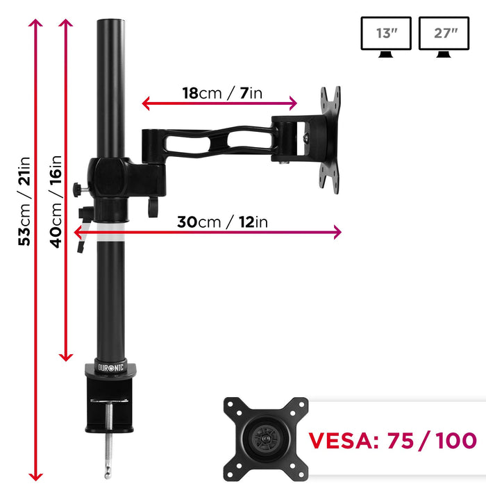 Duronic Monitor Arm Single with dimensions, VESA compatibility, and screen size specifications.