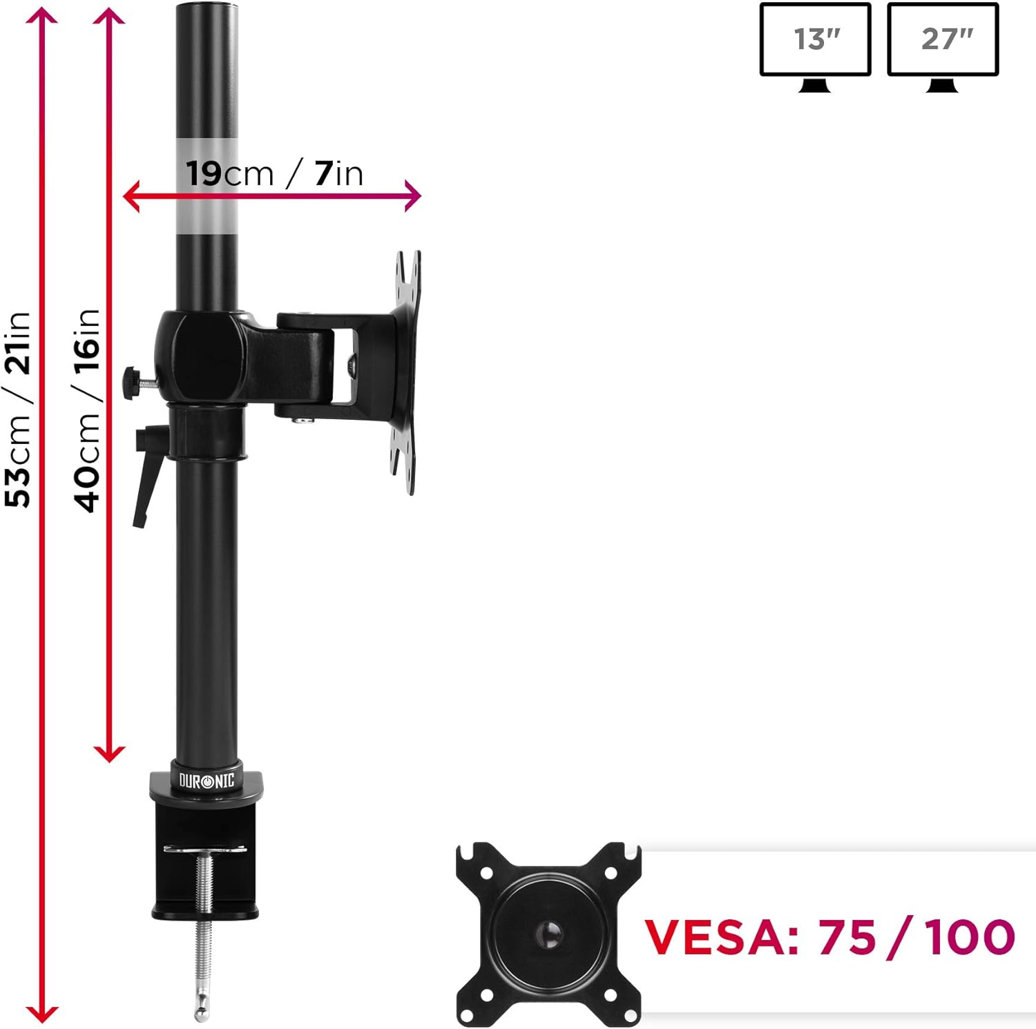 Duronic Monitor Arm Single with dimensions and VESA specifications for 13 to 27 inches.