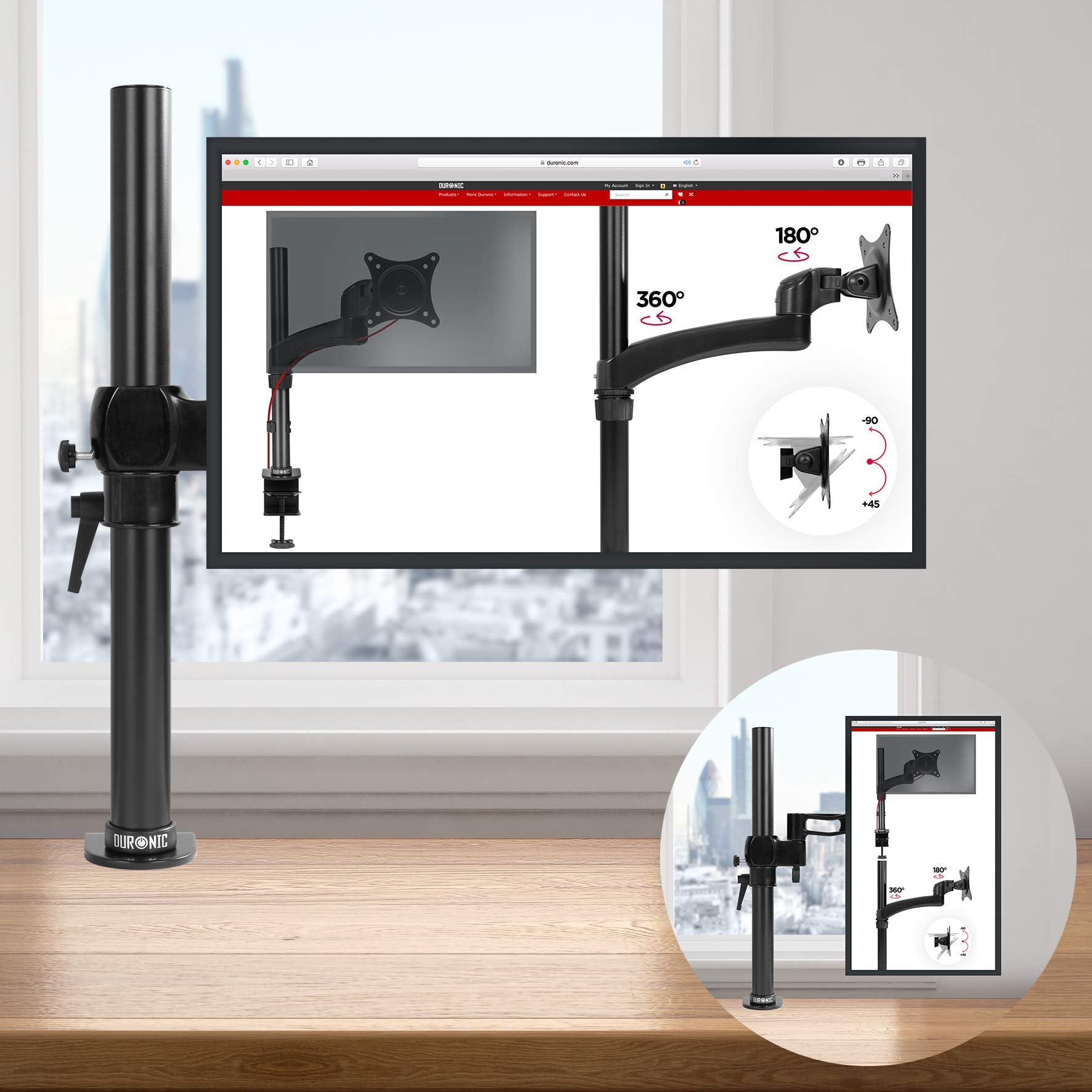 Duronic Monitor Arm Single with full rotation and tilt for desk setup.