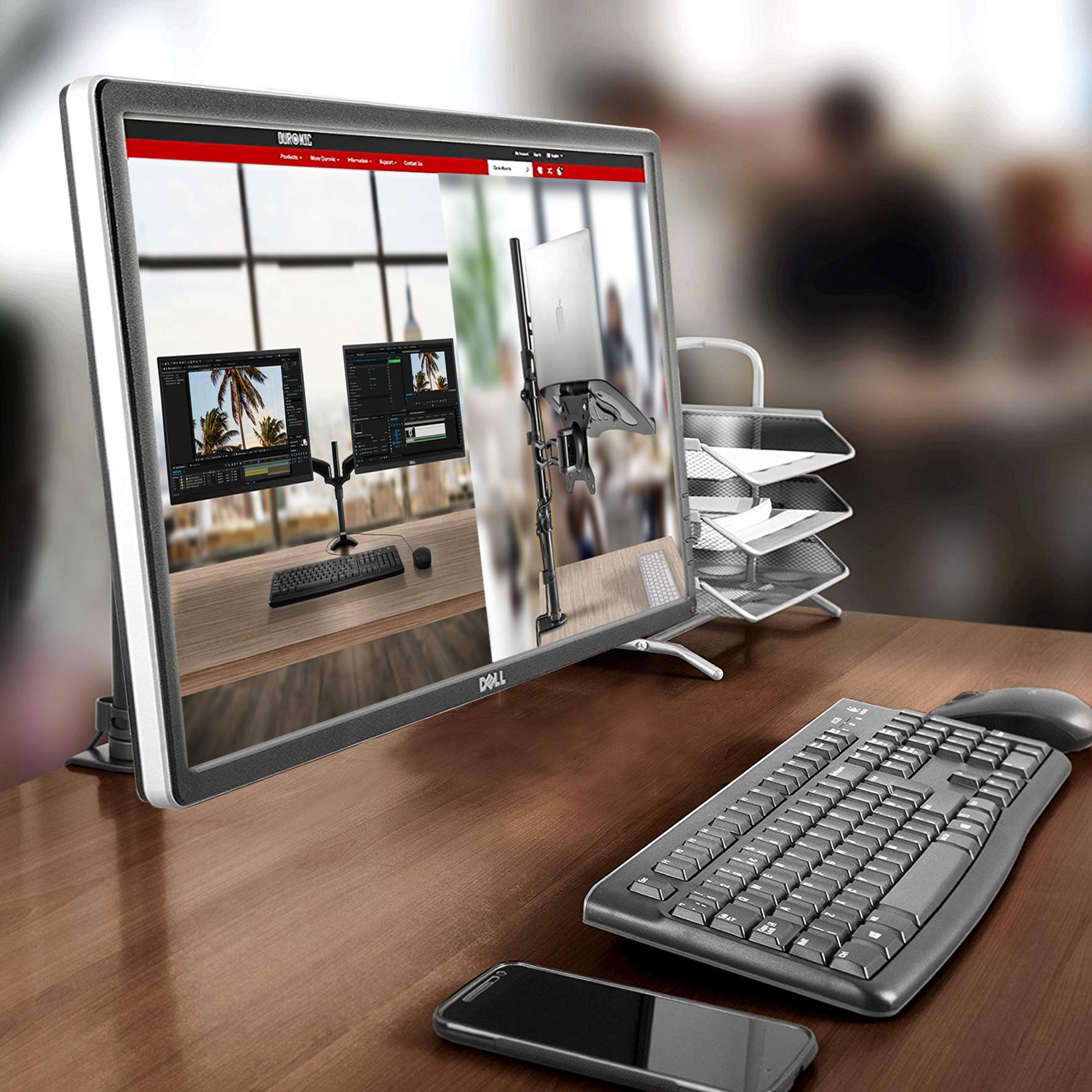 Duronic Monitor Arm Stand displaying product options, next to a keyboard and mouse.