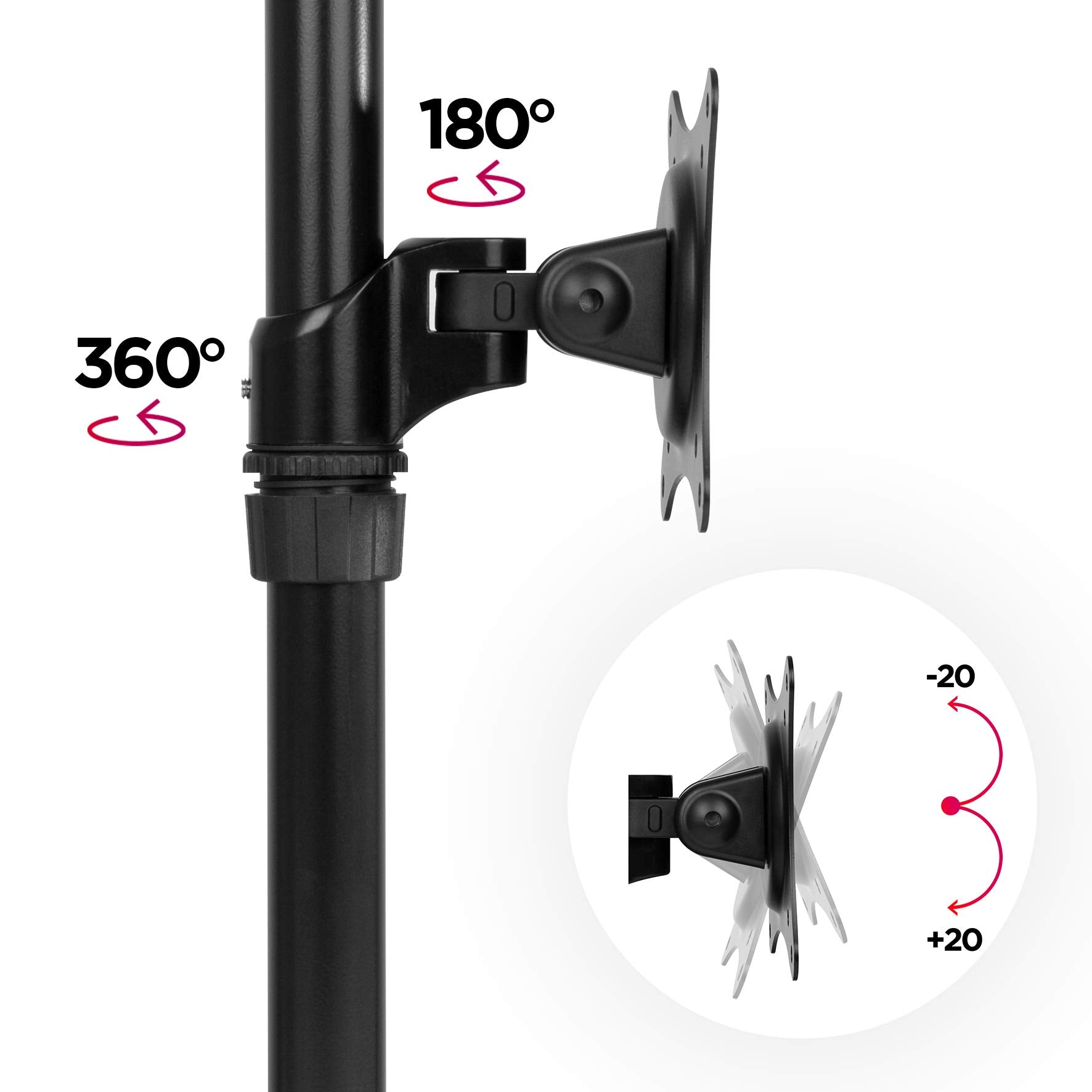 Duronic Monitor Arm Stand displaying three adjustable movement ranges including full rotation, swivel, and tilt.