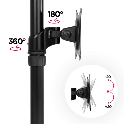 Duronic Monitor Arm Stand displaying three adjustable movement ranges including full rotation, swivel, and tilt.