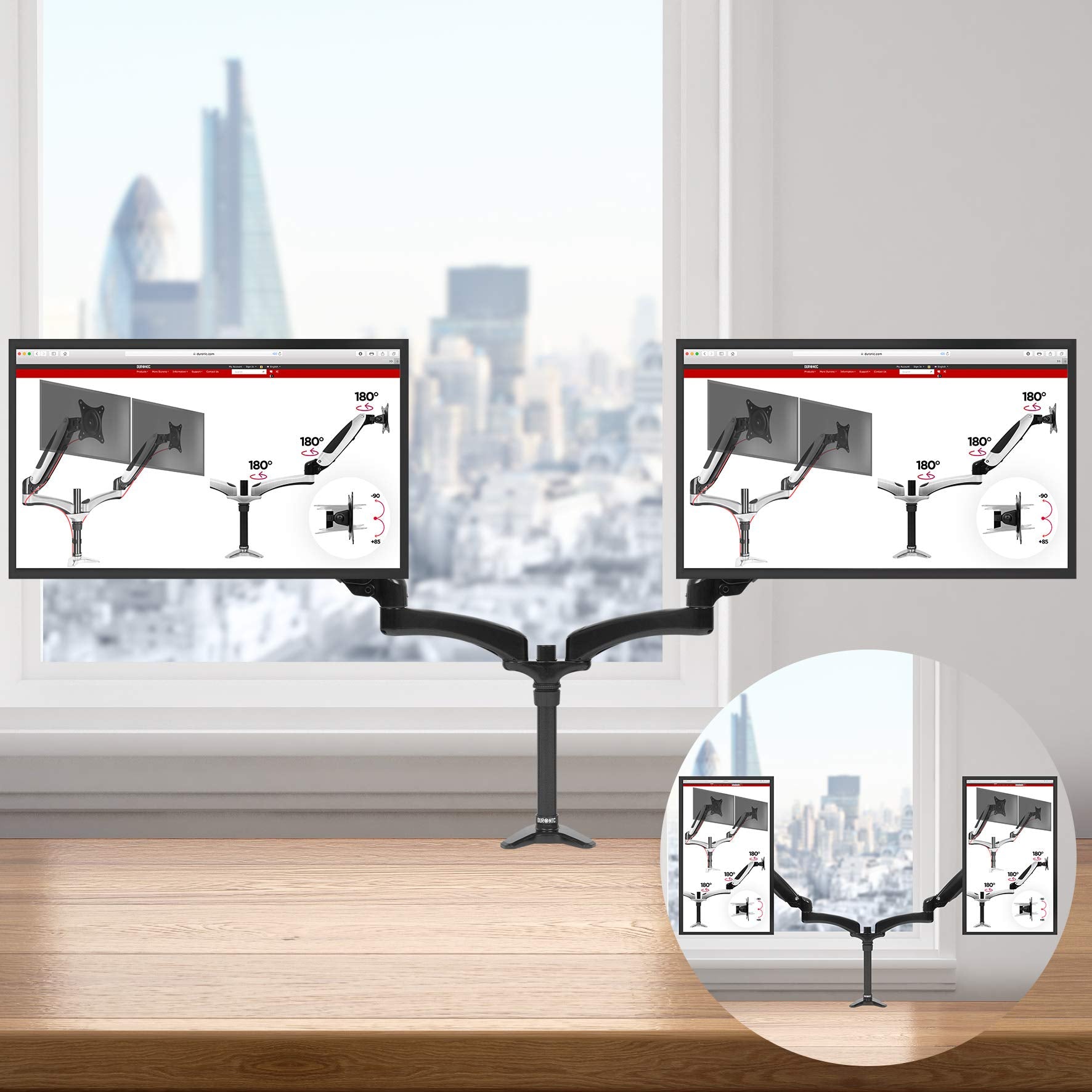 Duronic Monitor Arm Stand displaying two screens with a city background