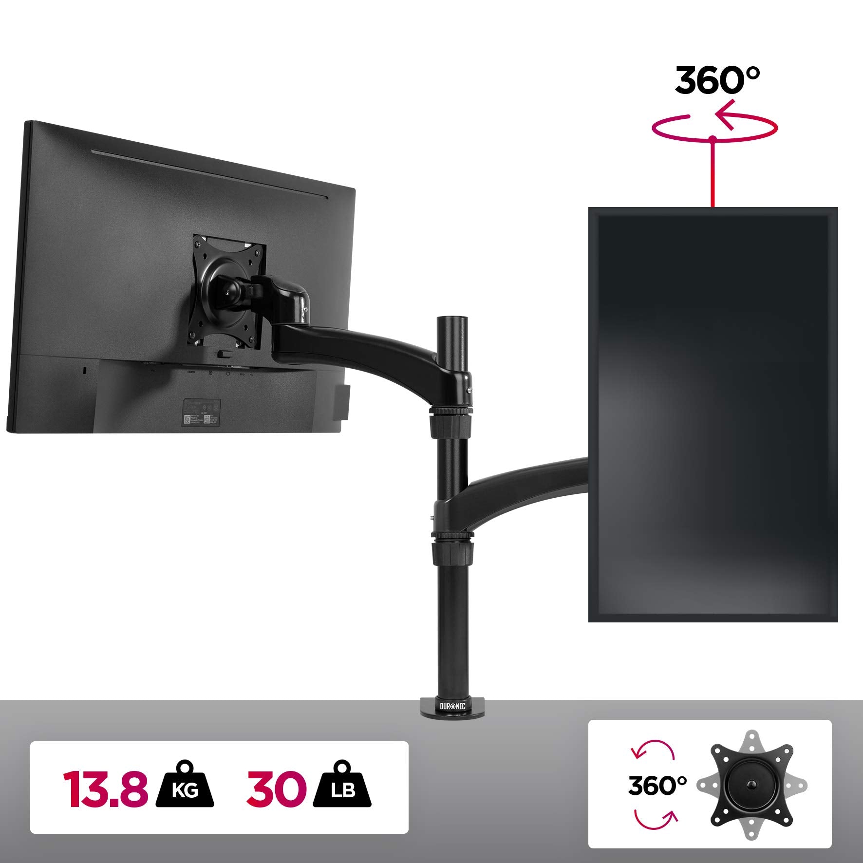 Duronic Monitor Arm Stand holding one horizontal and one vertical screen, with 30-pound capacity.