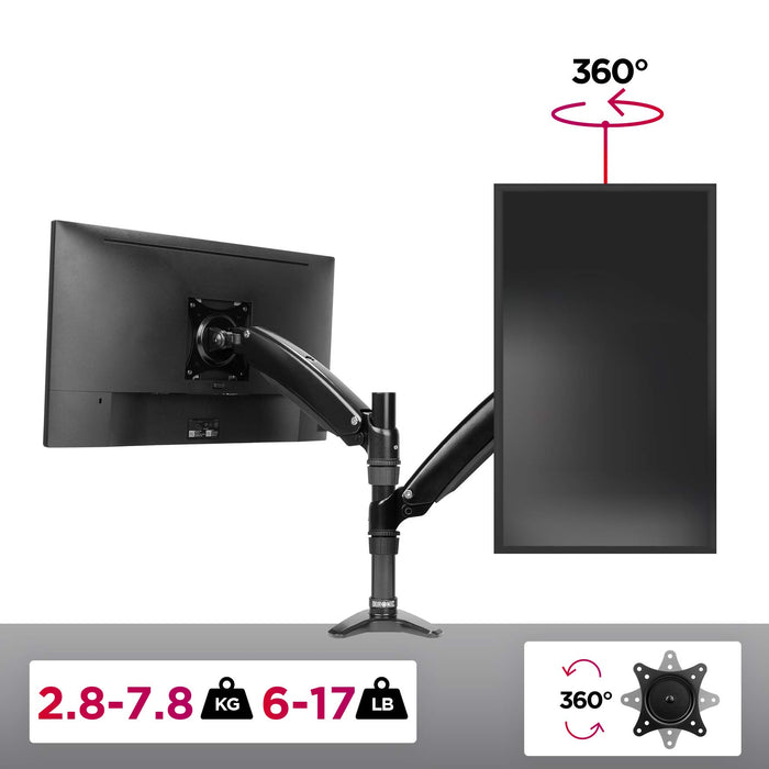 Duronic Monitor Arm Stand holding one landscape and one portrait screen with 360-degree rotation.