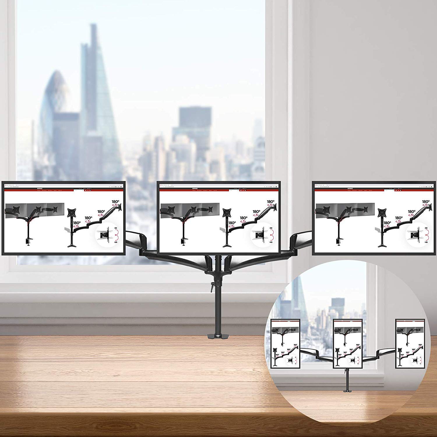 Duronic Monitor Arm Stand holding three computer screens in landscape setup, showing portrait orientation inset.