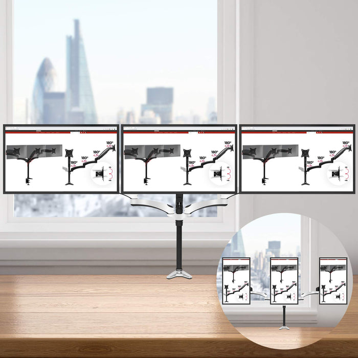 Duronic Monitor Arm Stand holding three screens horizontally, with an inset showing vertical portrait orientation.