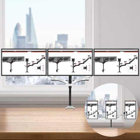 Duronic Monitor Arm Stand holding three screens in landscape view with portrait orientation inset.