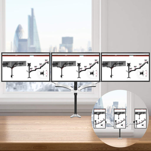 Duronic Monitor Arm Stand holding three screens in landscape view with portrait orientation inset.