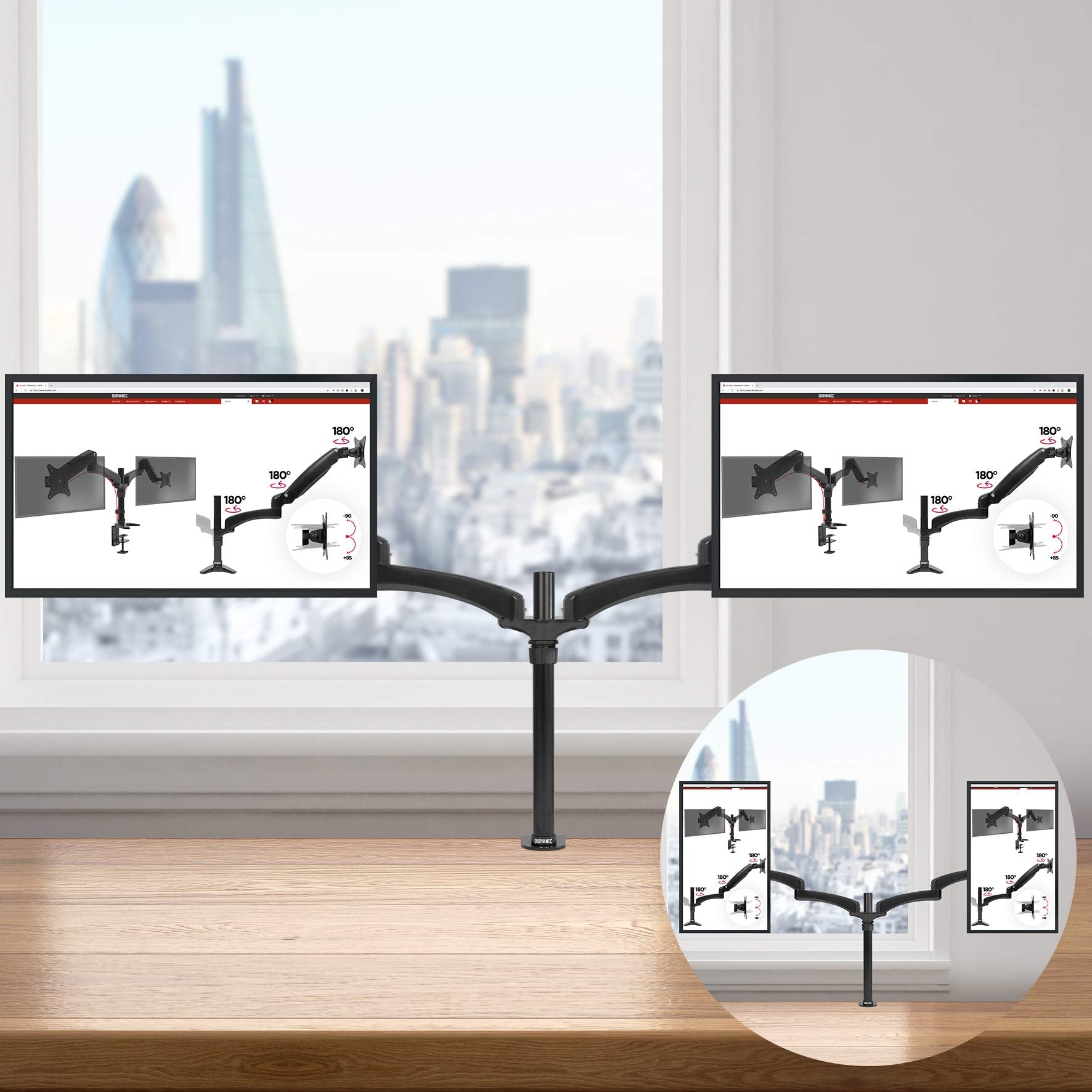 Duronic Monitor Arm Stand holding two screens displaying product specifications.