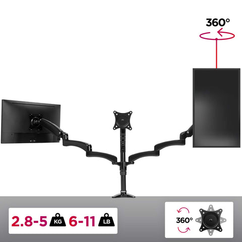 Duronic Monitor Arm Stand holding two screens, showing 360-degree rotation and weight capacity specifications.