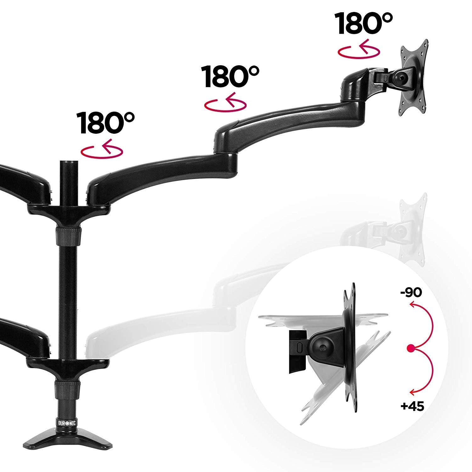 Duronic Monitor Arm Stand showcasing 180-degree swivels and -90 to +45-degree tilt features.