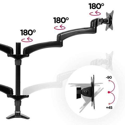 Duronic Monitor Arm Stand showcasing 180-degree swivels and -90 to +45-degree tilt features.