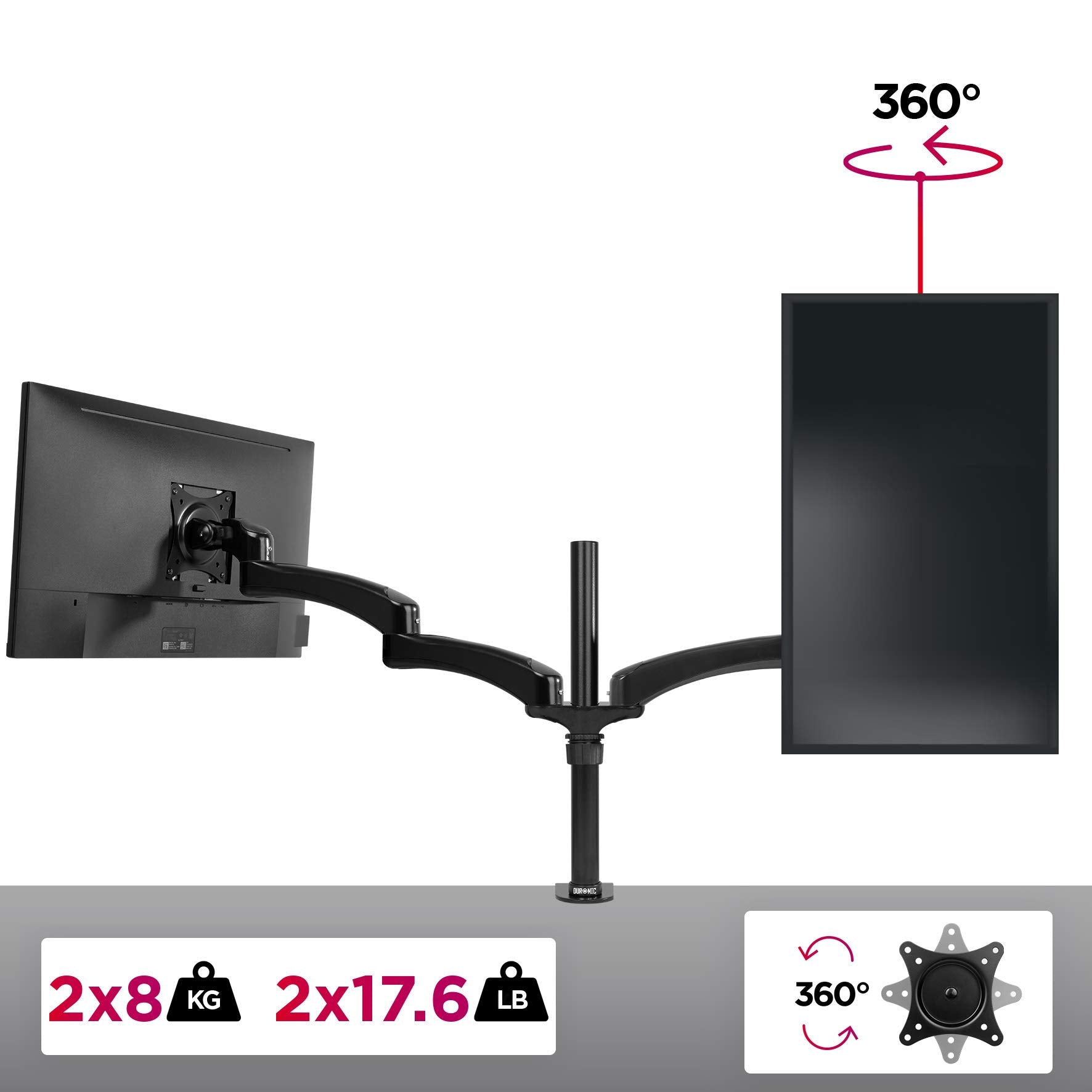Duronic Monitor Arm Stand showcasing 360-degree rotation and weight capacity.