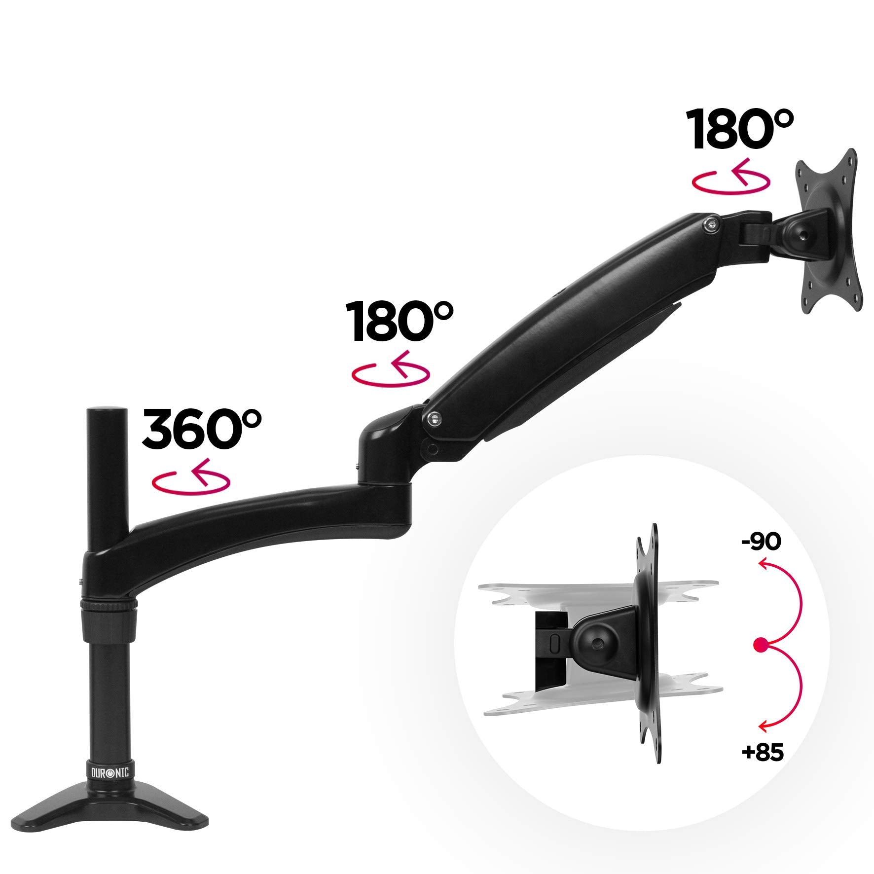 Duronic Monitor Arm Stand showcasing its rotation angles and tilt ranges.