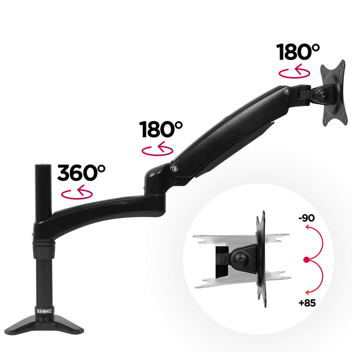 Duronic Monitor Arm Stand showcasing its rotation angles and tilt ranges.