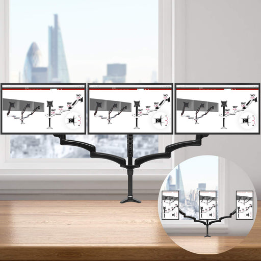 Duronic Monitor Arm Stand showcasing multi-screen articulation in landscape and portrait views.