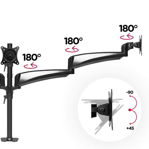 Duronic Monitor Arm Stand showing 180-degree swivel joints and a 135-degree tilting VESA plate.