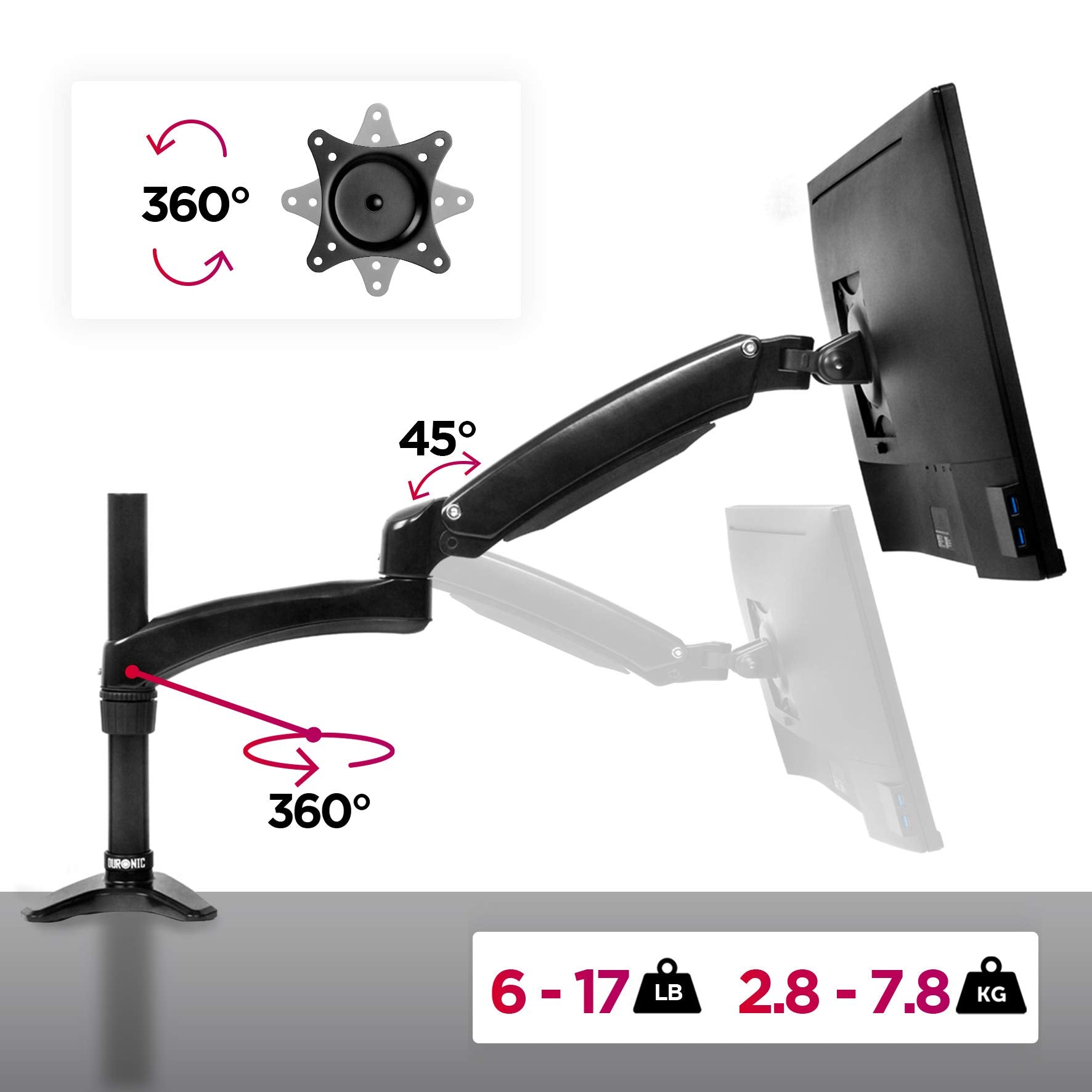 Duronic Monitor Arm Stand showing 360 degree rotation and full weight capacity specifications.
