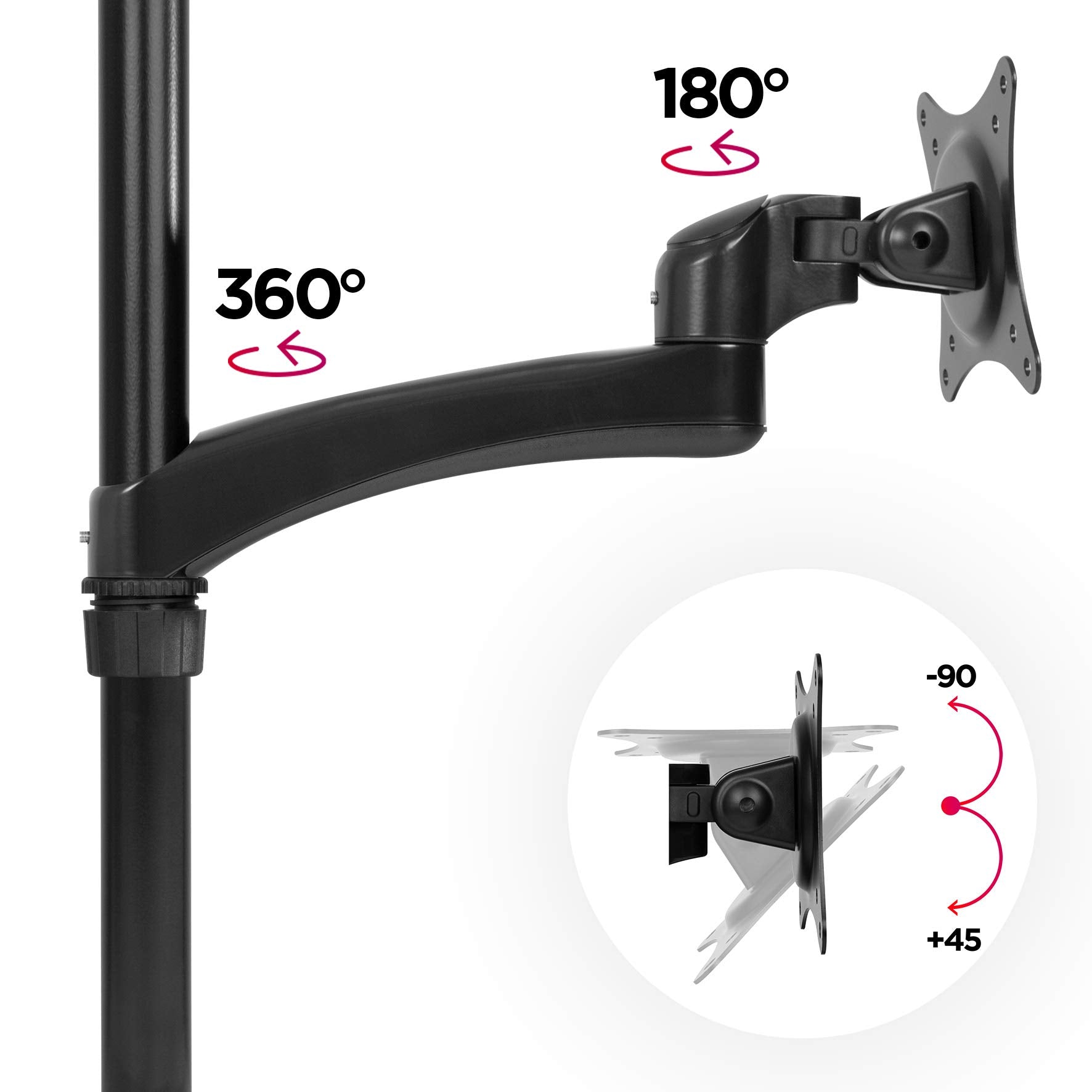 Duronic Monitor Arm Stand showing 360 swivel, 180 rotation, and vertical tilt angles.