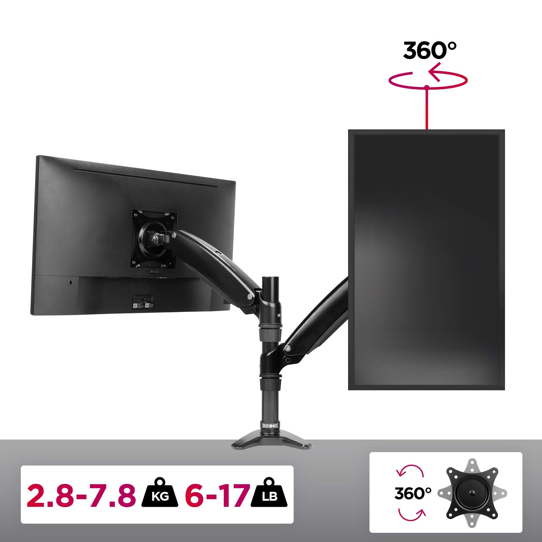 Duronic Monitor Arm Stand showing a landscape monitor and a 360-degree rotating portrait monitor.