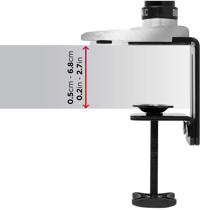 Duronic Monitor Arm Stand showing a maximum and minimum thickness capacity of 0.5cm-6.8cm.