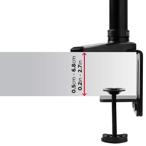 Duronic Monitor Arm Stand showing adjustable thickness range from 0.5cm to 6.8cm.