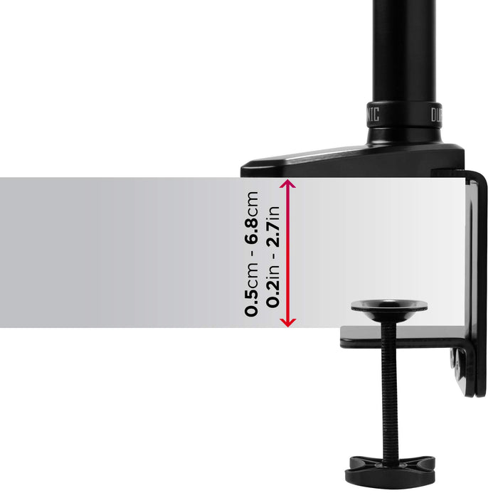 Duronic Monitor Arm Stand showing adjustable thickness range from 0.5cm to 6.8cm.