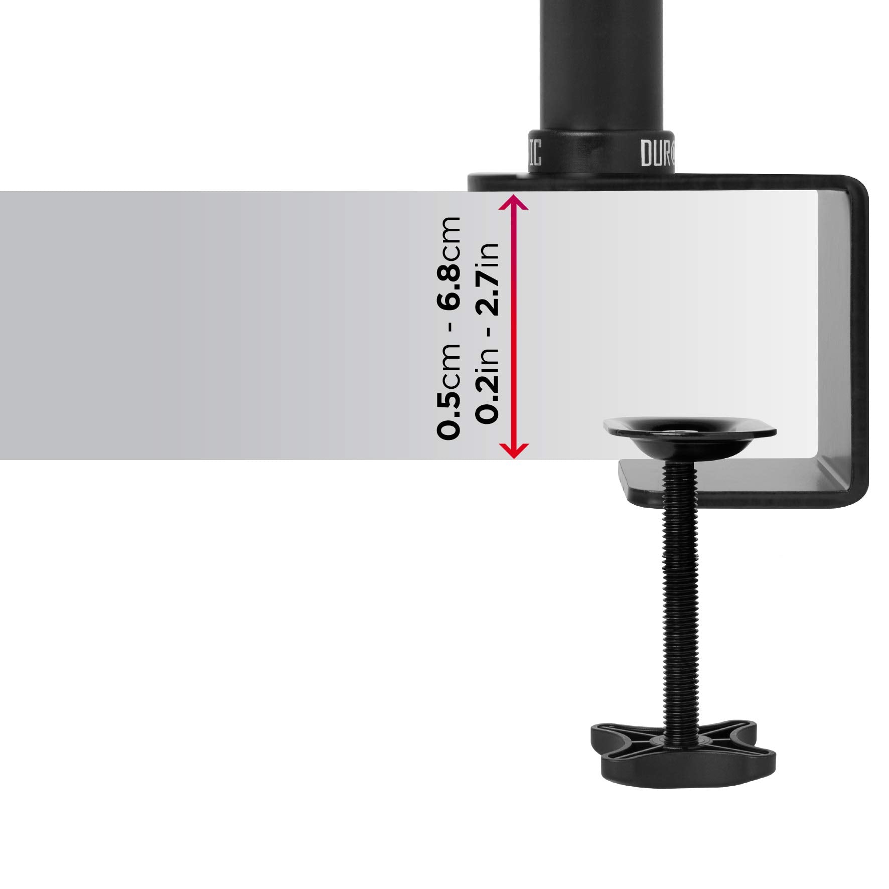 Duronic Monitor Arm Stand showing adjustable thickness range from 0.5cm to 6.8cm (0.2in to 2.7in).