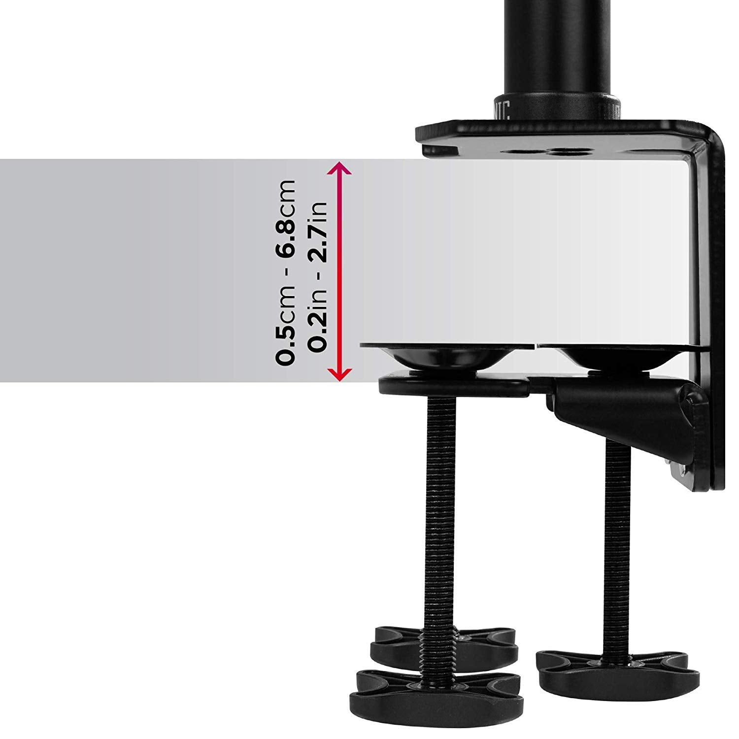 Duronic Monitor Arm Stand showing compatible desk thickness ranging from 0.5cm to 6.8cm.