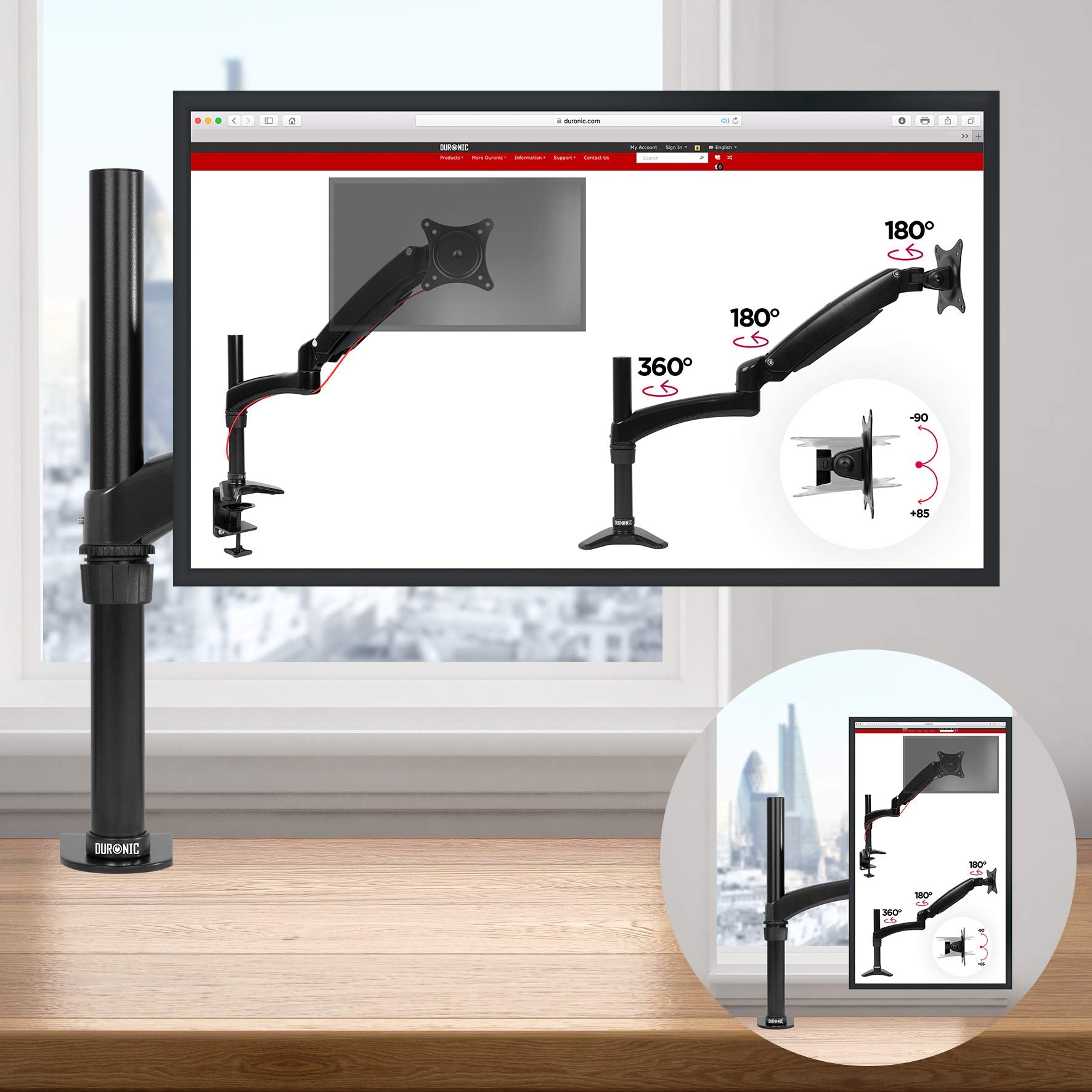 Duronic Monitor Arm Stand showing different rotation angles on the screen display.