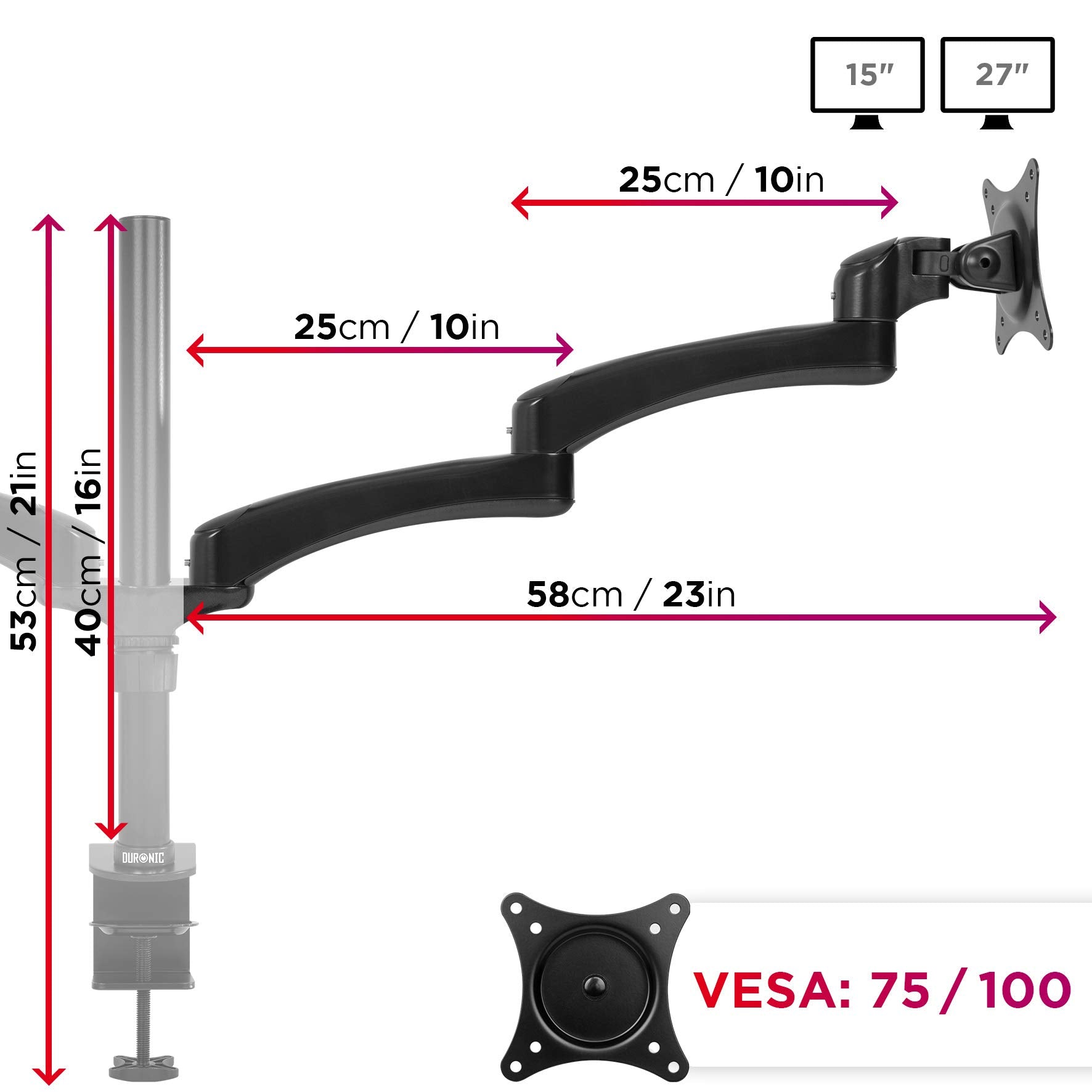Duronic Monitor Arm Stand showing dimensions, VESA compatibility, and screen size limits.