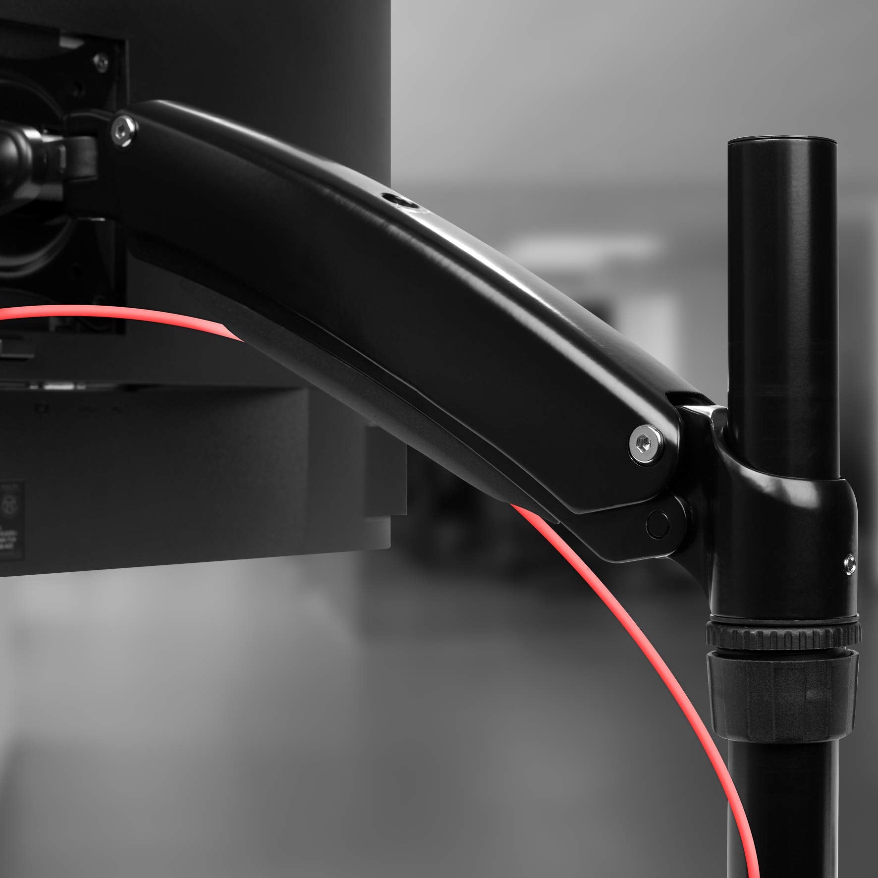 Duronic Monitor Arm Stand showing integrated red cable management routing.