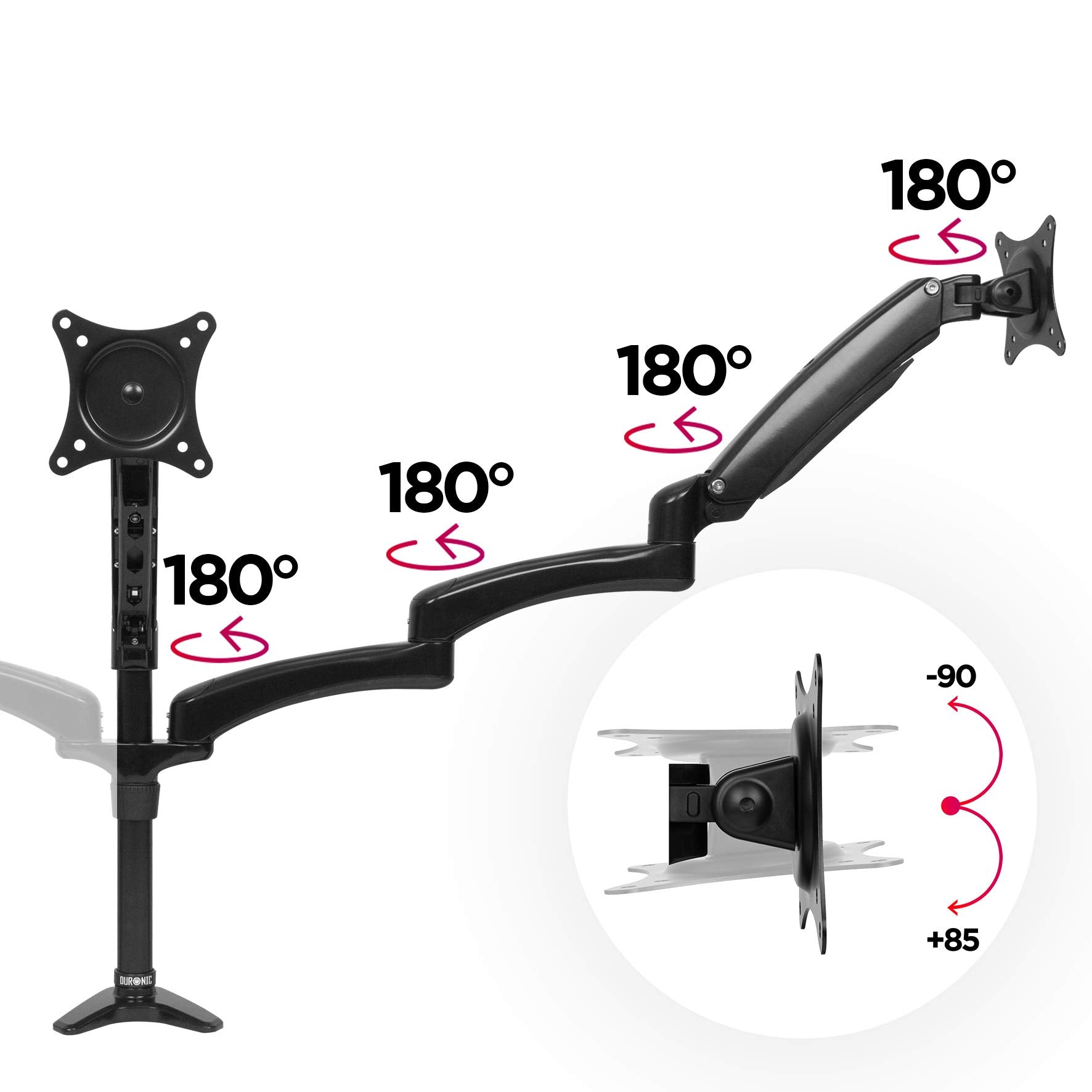 Duronic Monitor Arm Stand showing multiple rotation joints and screen tilt angles